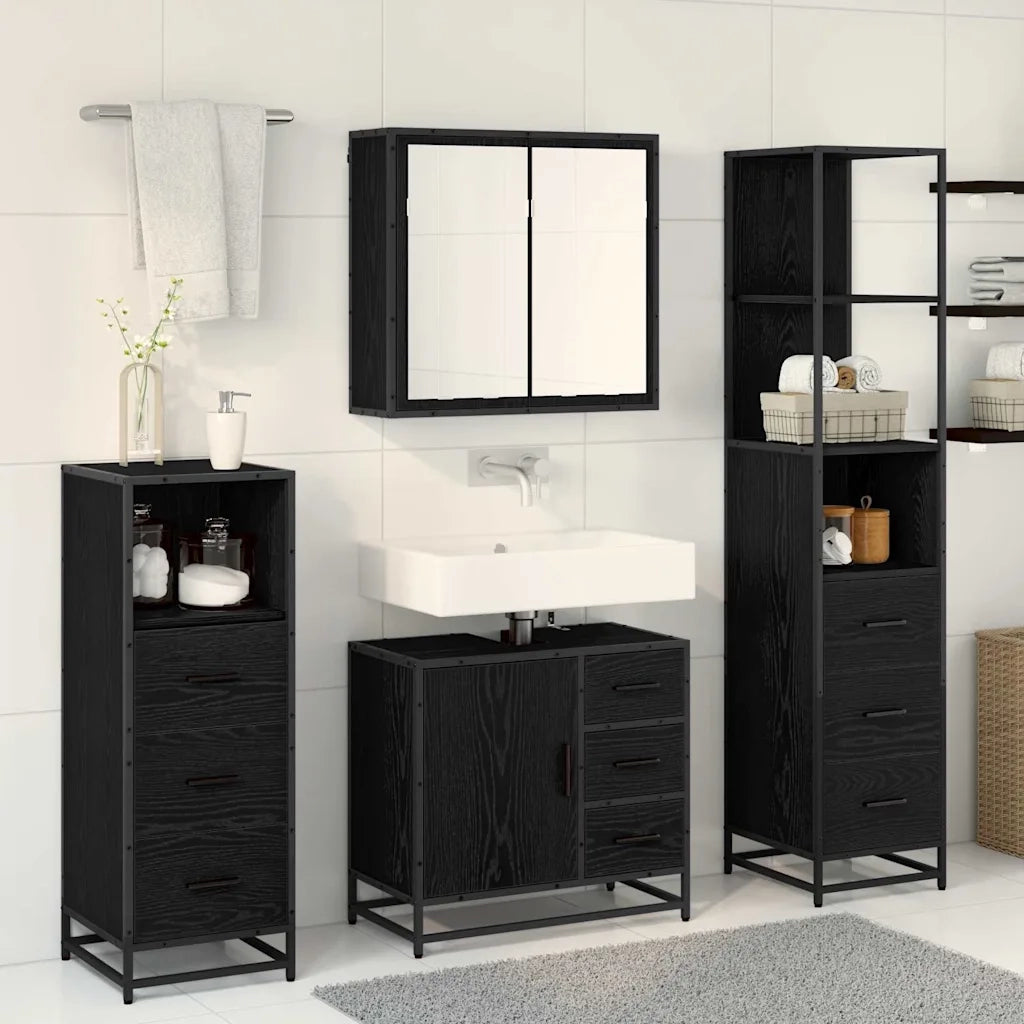 Set di mobili per il bagno 4 pcs Rovere Nero Legno multistrato