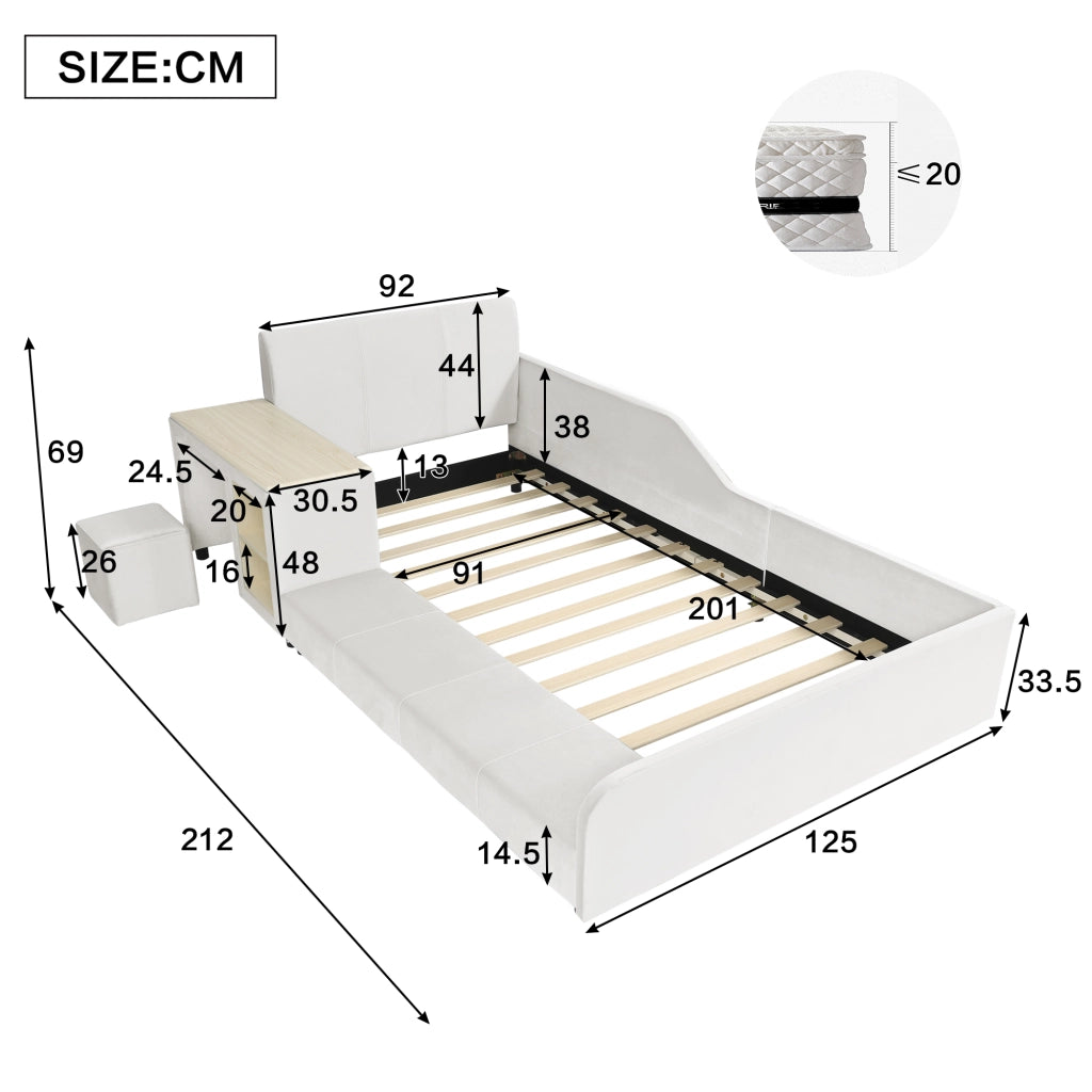 Letto imbottito per bambini con scrivania; sgabello e ripiano; velluto bianco; 90x200 cm; senza materasso