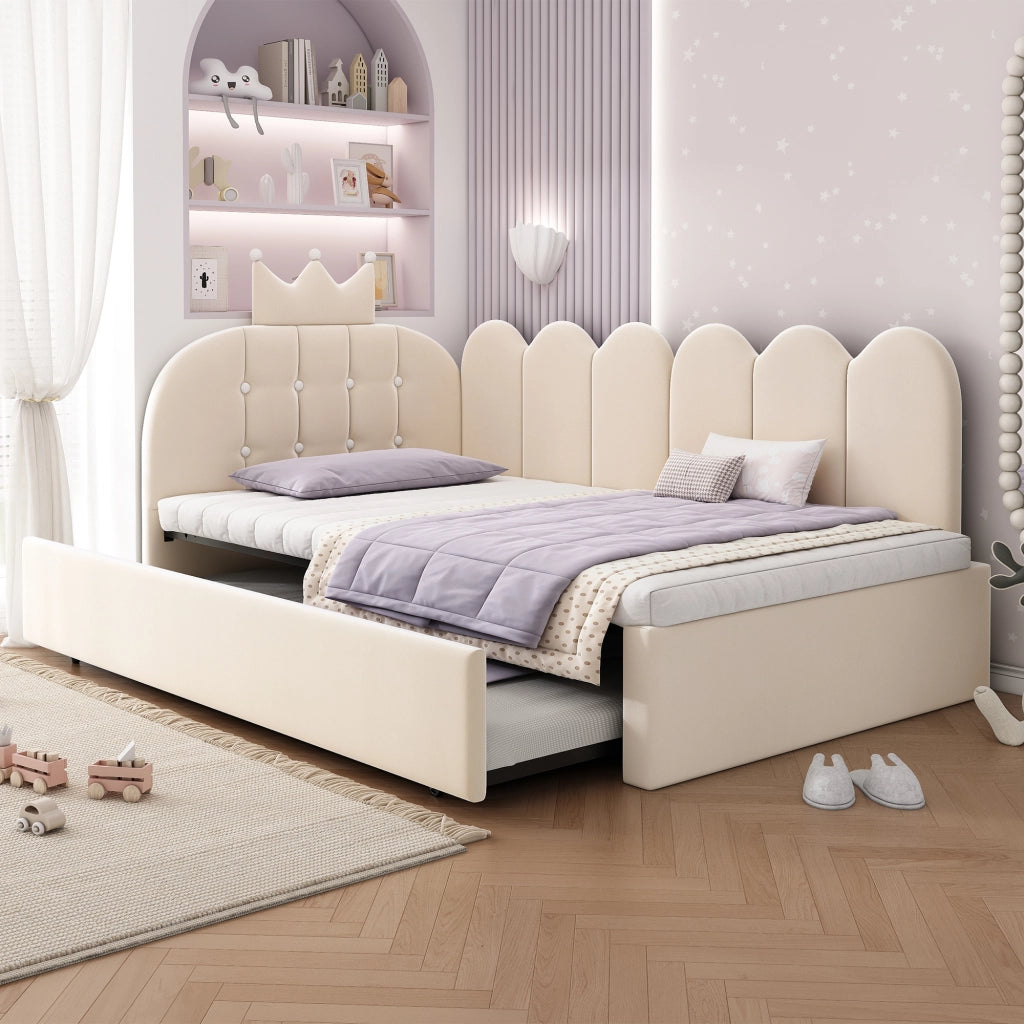 Letto divano con letto estraibile 90 × 200 cm et 90 × 190 cm, senza materasso, in velluto, beige per cameretta e ospiti