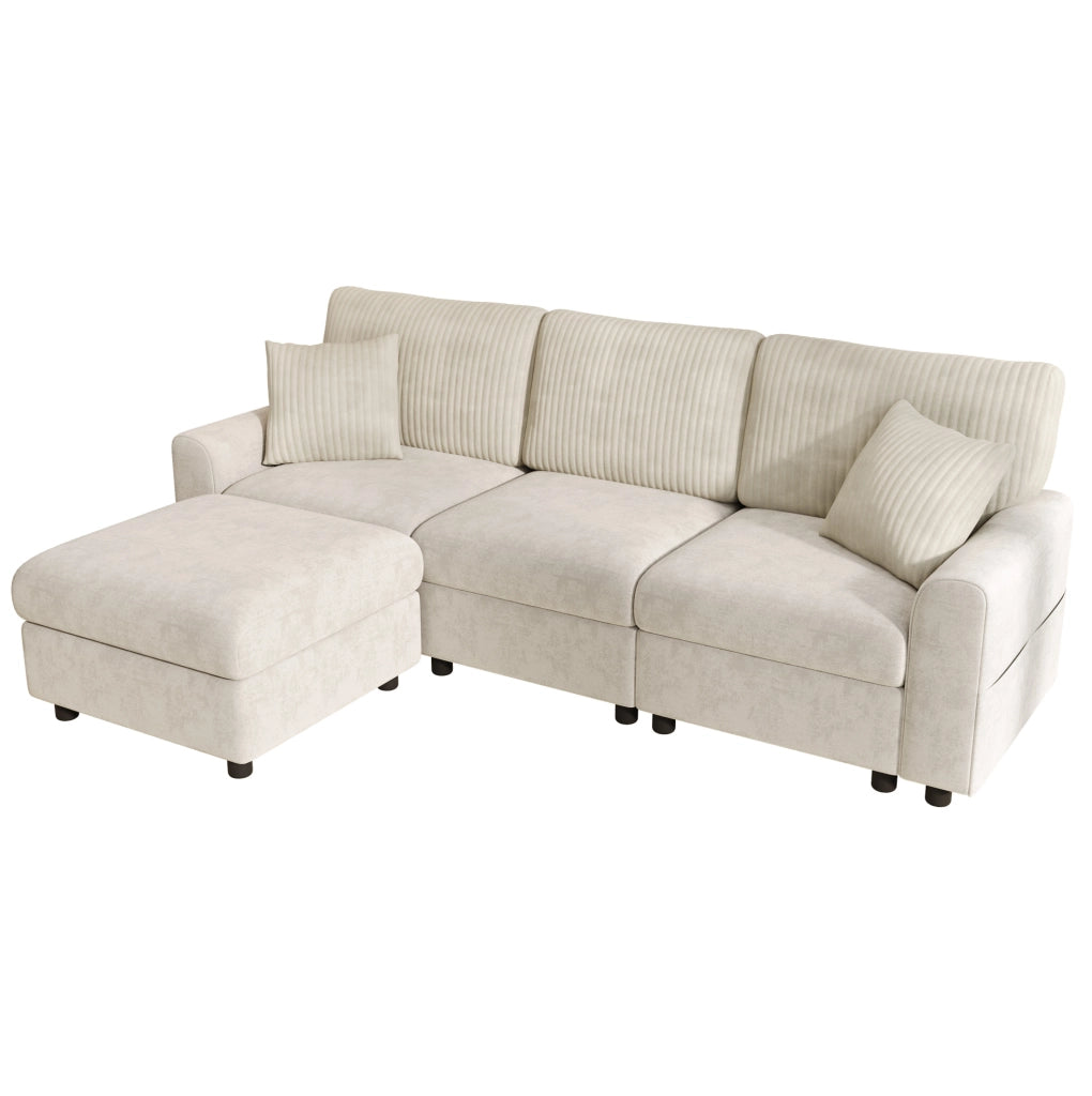 Sofa moderno con poggiapiedi; 2 cuscini; USB e Type-C; 223x146x84 cm; beige