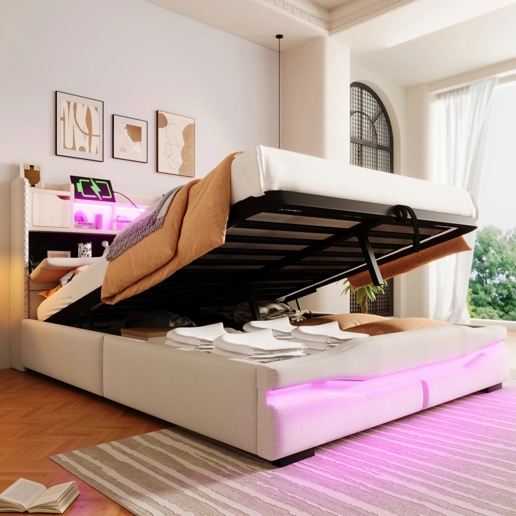 Letto matrimoniale imbottito 140x200 cm in lino beige con LED; presa USB e contenitore idraulico