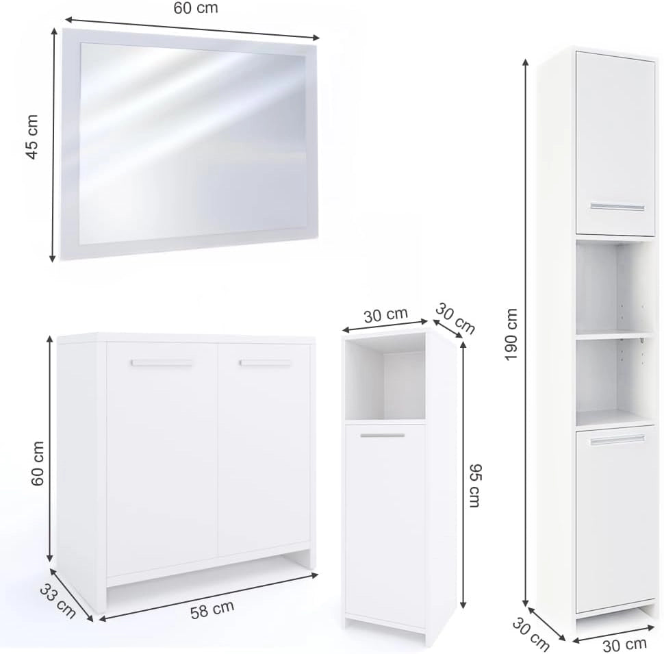 Set mobili bagno Kiko, Bianco, 58 cm, composto da mobile lavabo, pensile a specchio, colonna e base media
