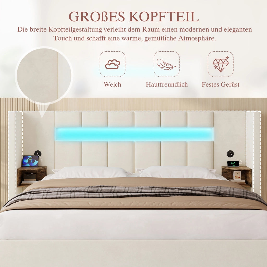 LETTO Contenitore 180x200 cm in velluto beige con LED, USB e cassetti laterali
