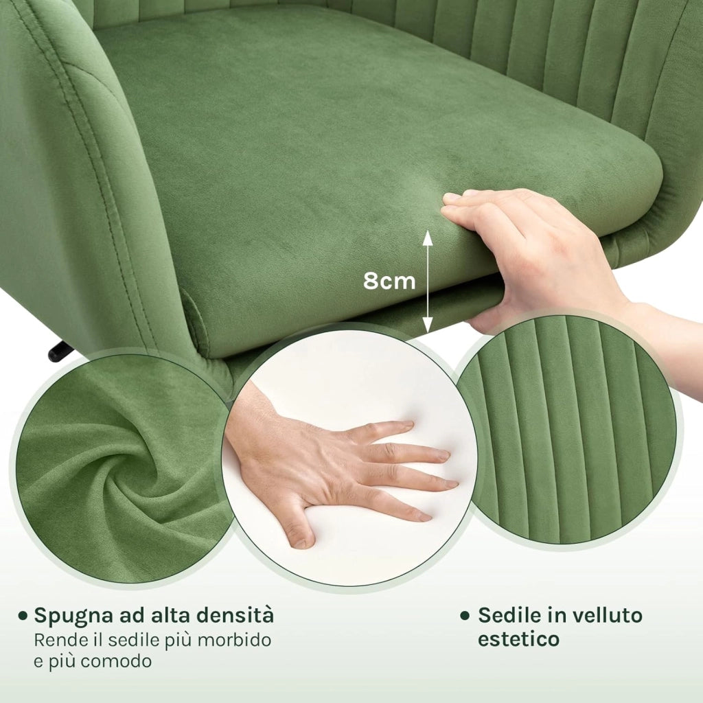 Sedia da Ufficio, Sedia da Toeletta, Poltrona Ergonomica, Ampia, in Velluto Imbottita, Regolabile in Altezza per Ufficio e Camera da Letto, Verde, BS166gn