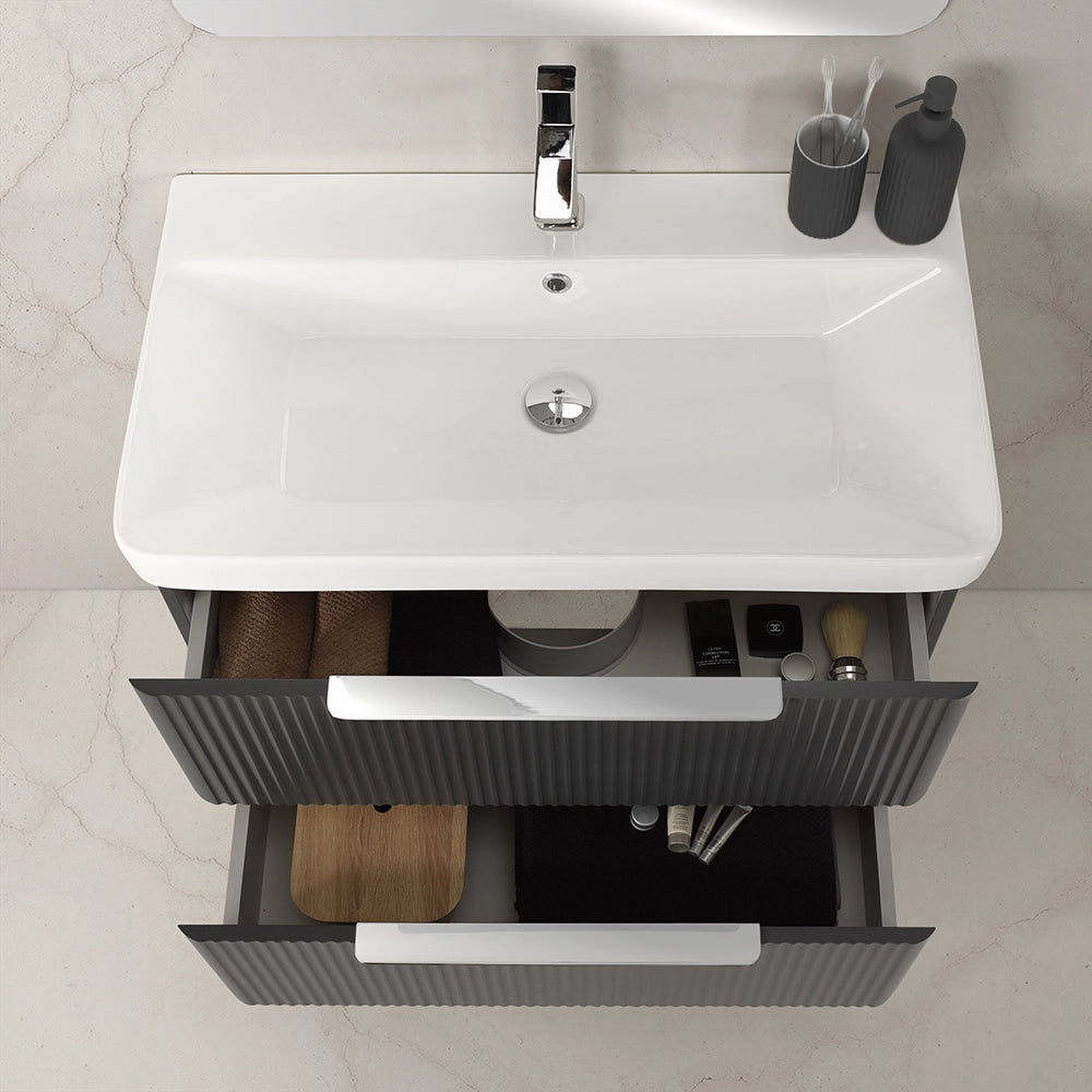 Mobile bagno sospeso 80cm antracite cannettato con cassetti, specchio e lavabo Mia