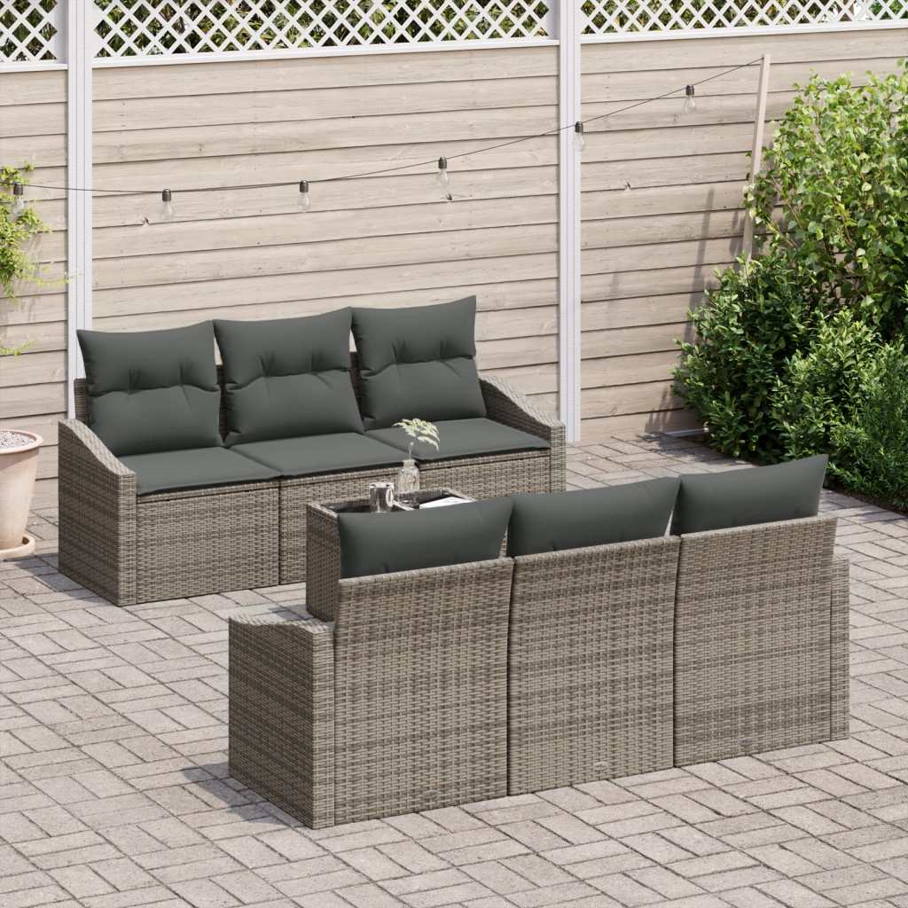 Set da Giardino 7 Pezzi con Cuscini Grigio in Rattan Sintetico