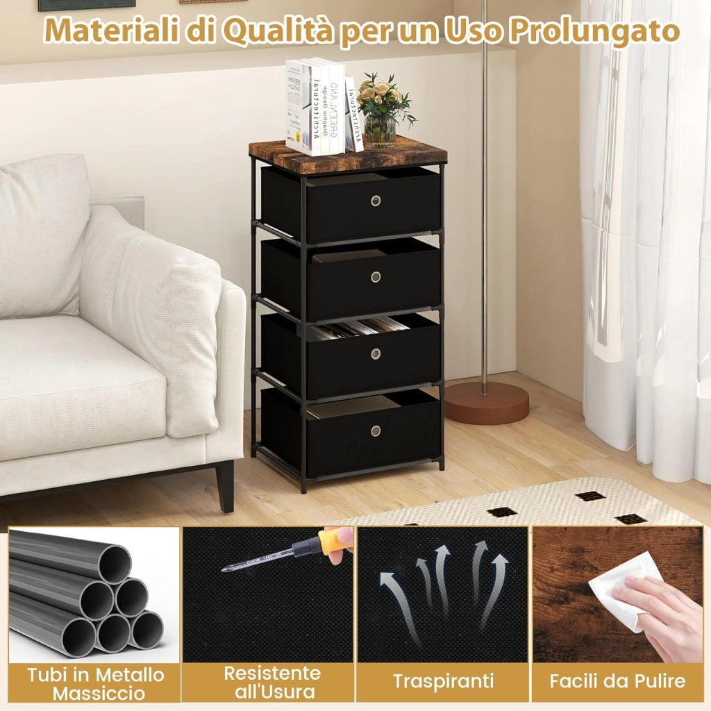 Cassettiera in Tessuto, Mobile con 4 Cassetti e Struttura Robusta in Metallo, Mobiletto Salvaspazio per Camera da Letto, Corridoio, Ingresso e Armadio, 42 x 33,5 x 84,5 cm (Nero)