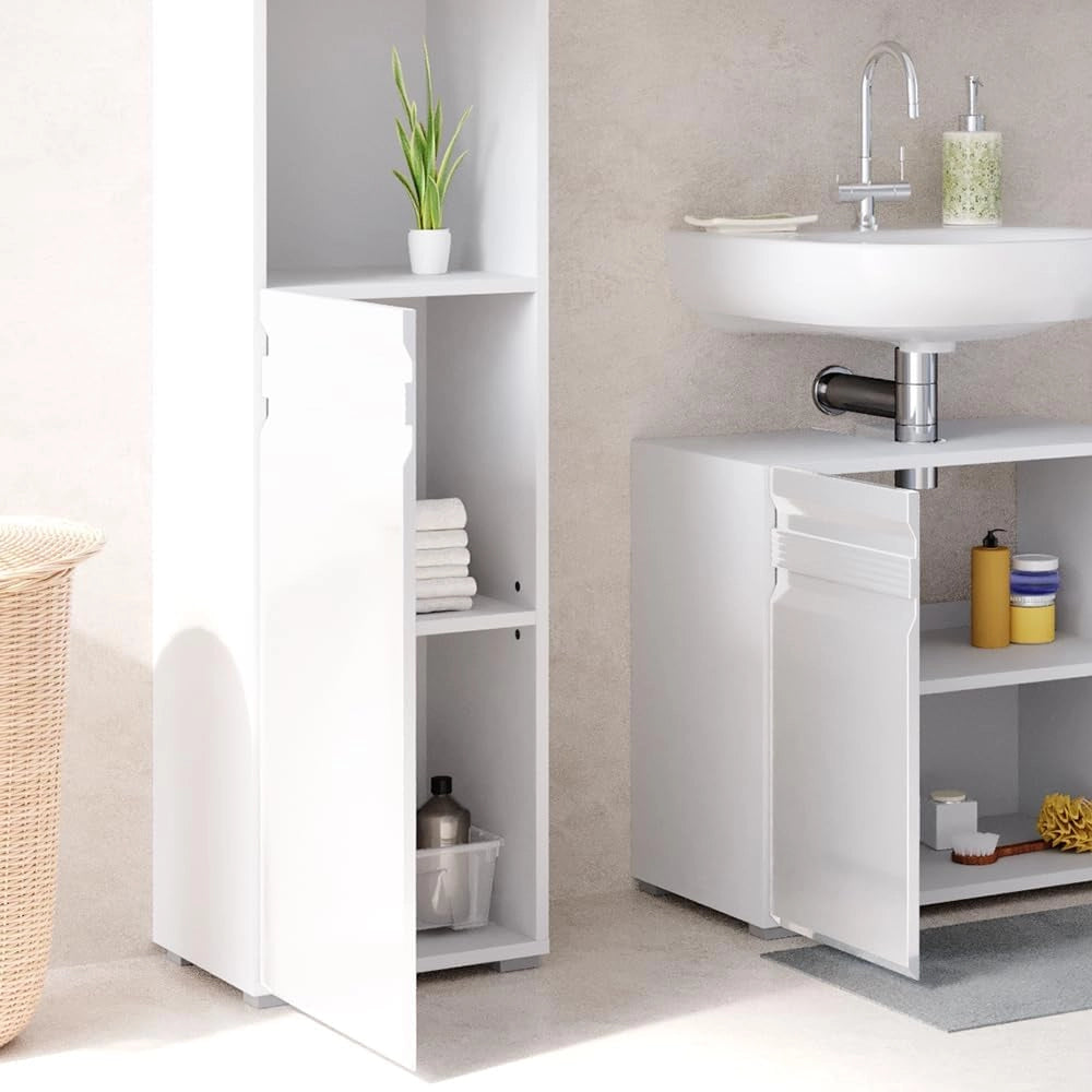Mobile bagno alto Fredd, Bianco lucido, 36.4 x 190.5 cm, a parete con due ripiani interni regolabili