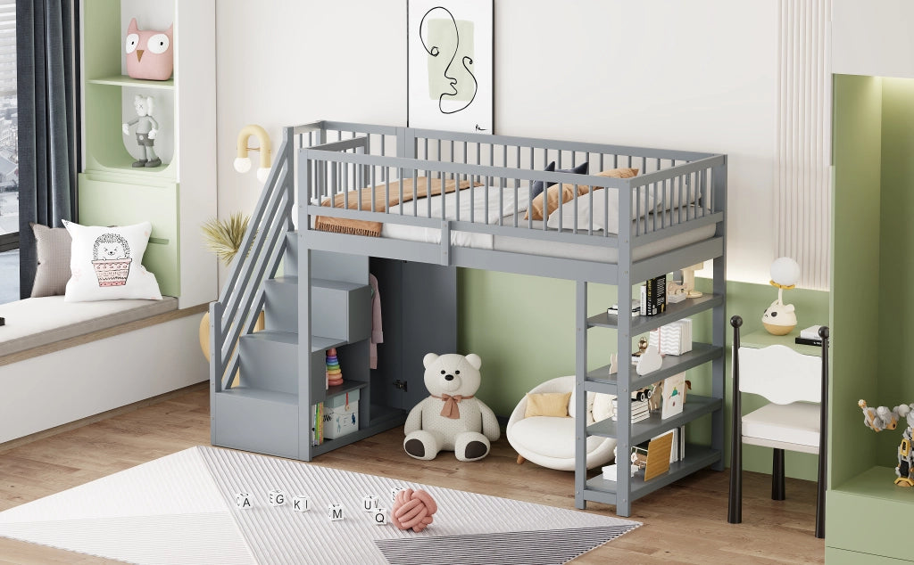 DESMIU Letto a soppalco Letto singolo 1 posto con armadio, vani e scala di sicurezza 90 × 200 cm senza materasso