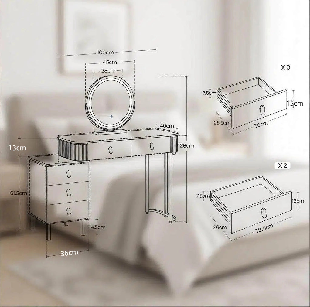 Tavolo da Trucco con Specchio LED Dimmerabile e Sgabello in Velluto Bianco e Nero