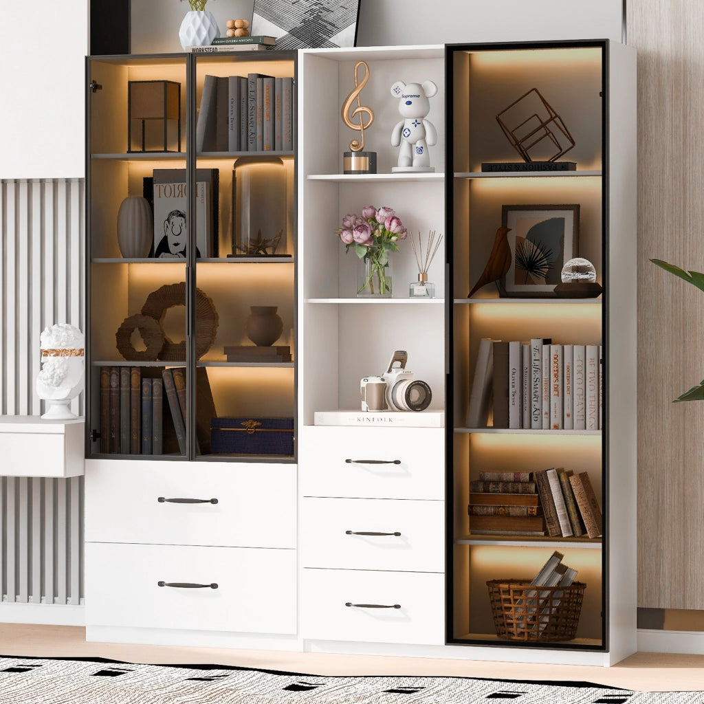 Vetrina Modulare con 5 Cassetti; Vani Aperti e LED Multicolore; Vetro di Sicurezza; Bianco; in Truciolare; 140??40??160 cm