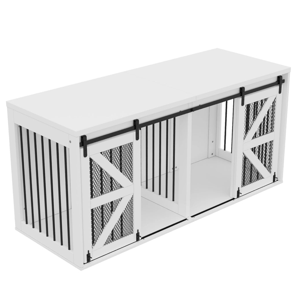 Cuccia per cani da interno con porte scorrevoli, divisorio centrale fisso, MDF e metallo, bianco, 160 x 60 x 75 cm