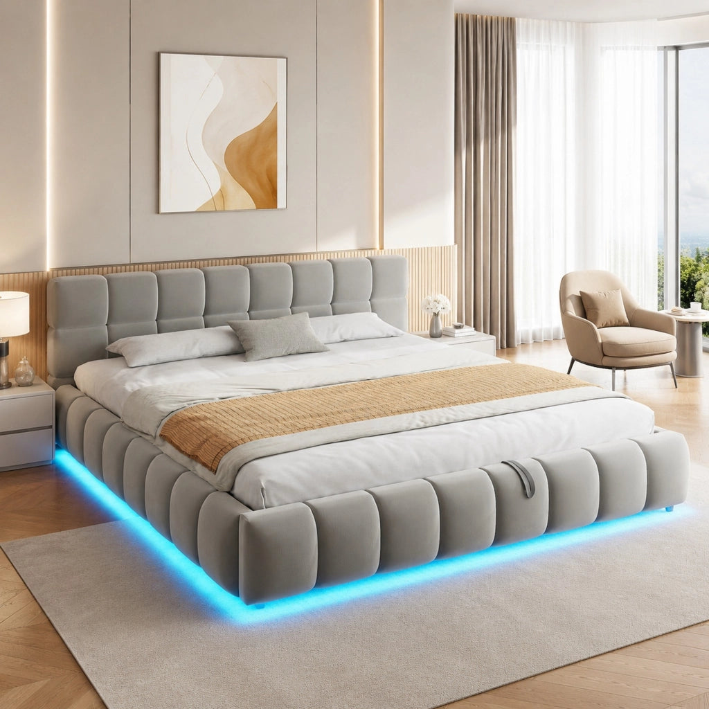 Letto matrimoniale imbottito 180x200 cm con LED e contenitore