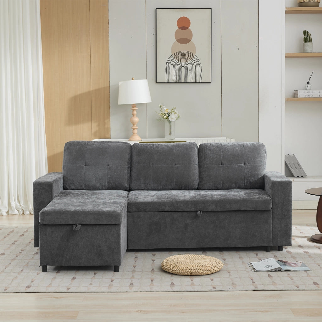 Divano angolare con contenitore e chaise longue reversibile con ripiani in chenille grigio 202 × 136 × 85 cm