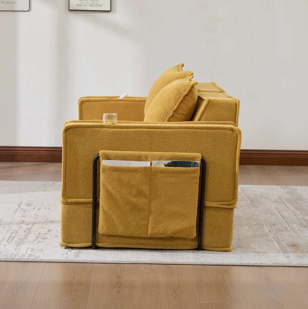 Divano pouf modulare in ciniglia giallo senape con tasche laterali