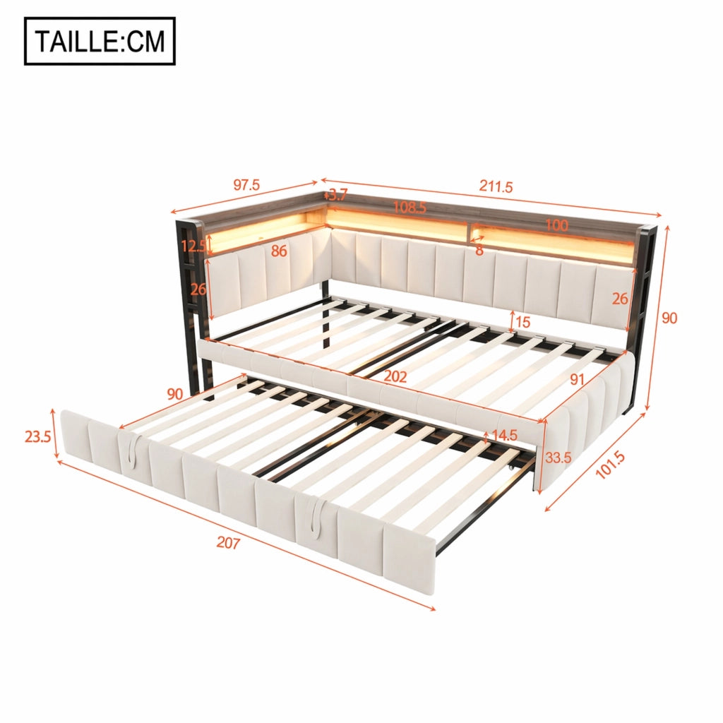 DESMIU Divano letto 90 × 200 cm con letto estraibile, LED regolabile, USB e Type-C, senza materasso, beige