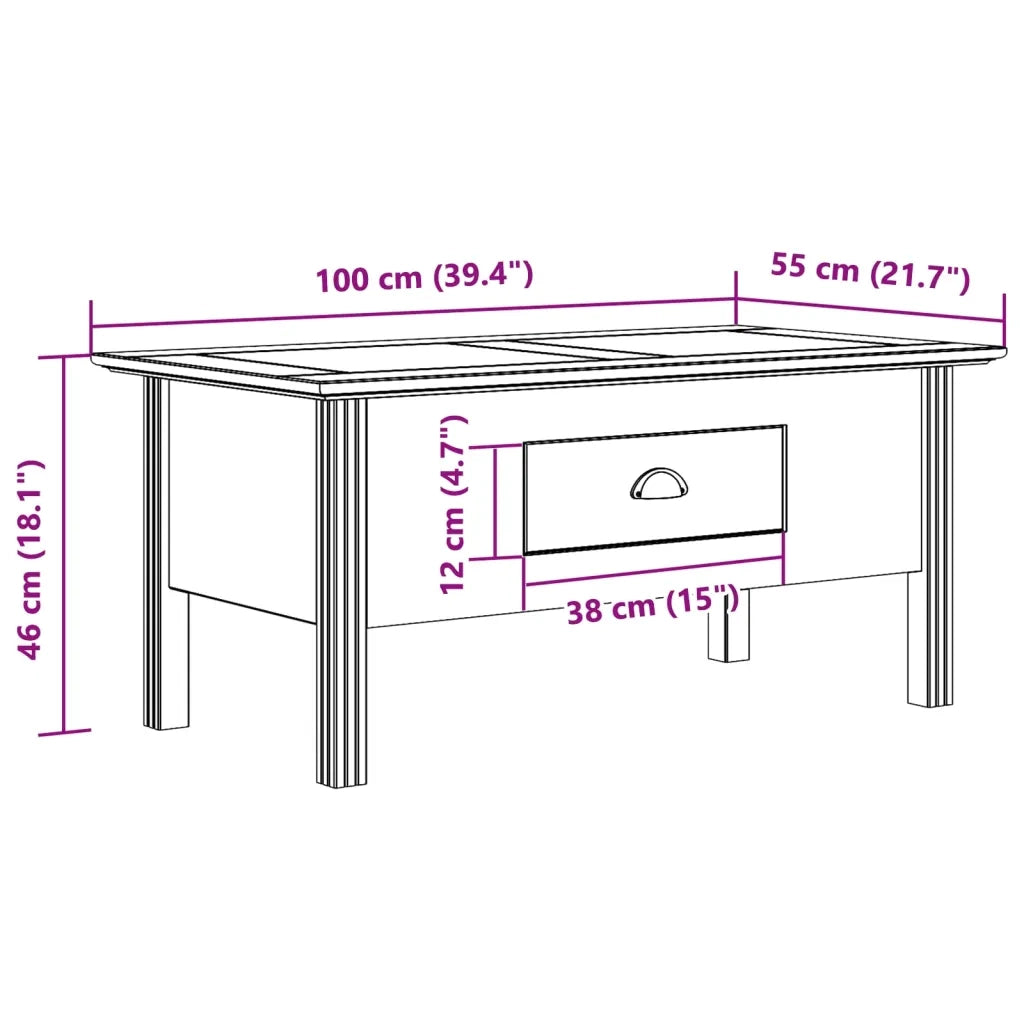 Tavolino BODO 100x55x46 cm Legno Massello Pino Bianco e Marrone 355069
