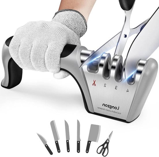 Mulinello Professionale 4 in 1 - Con Guanto Antiscivolamento - Adatto per Cucina e Coltelli