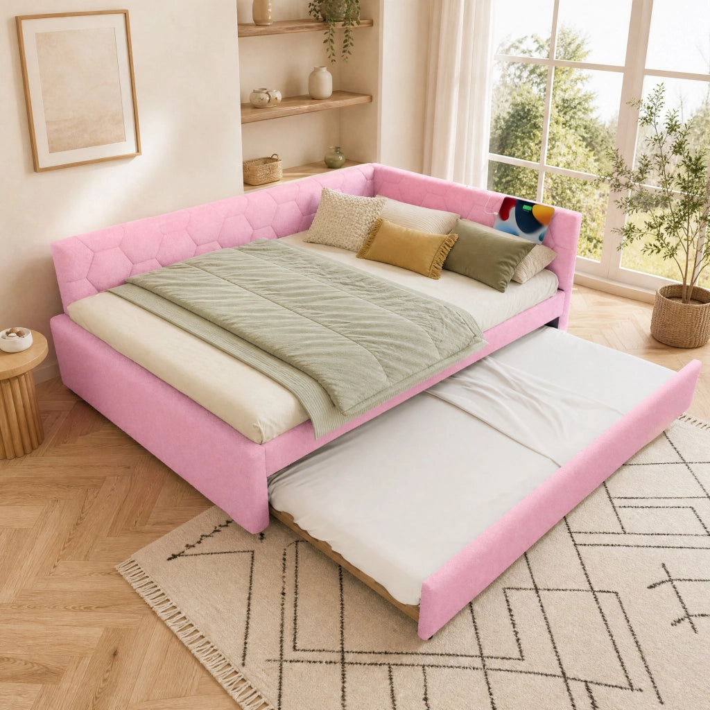 Daybed 140x200 cm con letto estraibile, USB e luce notte, senza materasso, rosa