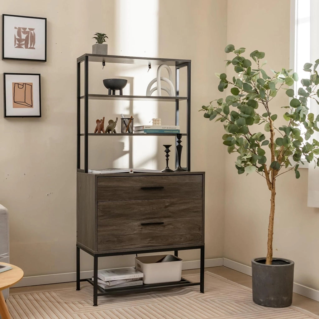 Libreria Scaffale con 2 Cassetti, Mobile di Stoccaggio con Dispositivo Antiribaltamento, Armadietto per Soggiorno, Ufficio, Camero da Letto, 75 x 40 x 156 cm (Grigio)
