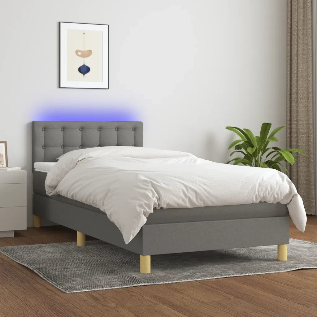 Letto a Molle Materasso e LED Grigio Scuro 100x200cm in Tessuto 3134014