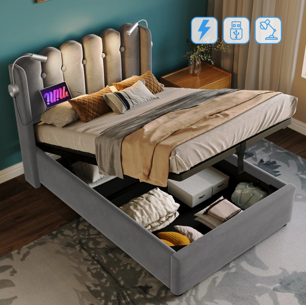 Letto singolo 90x200 cm in velluto grigio con luce da lettura; USB e contenitore