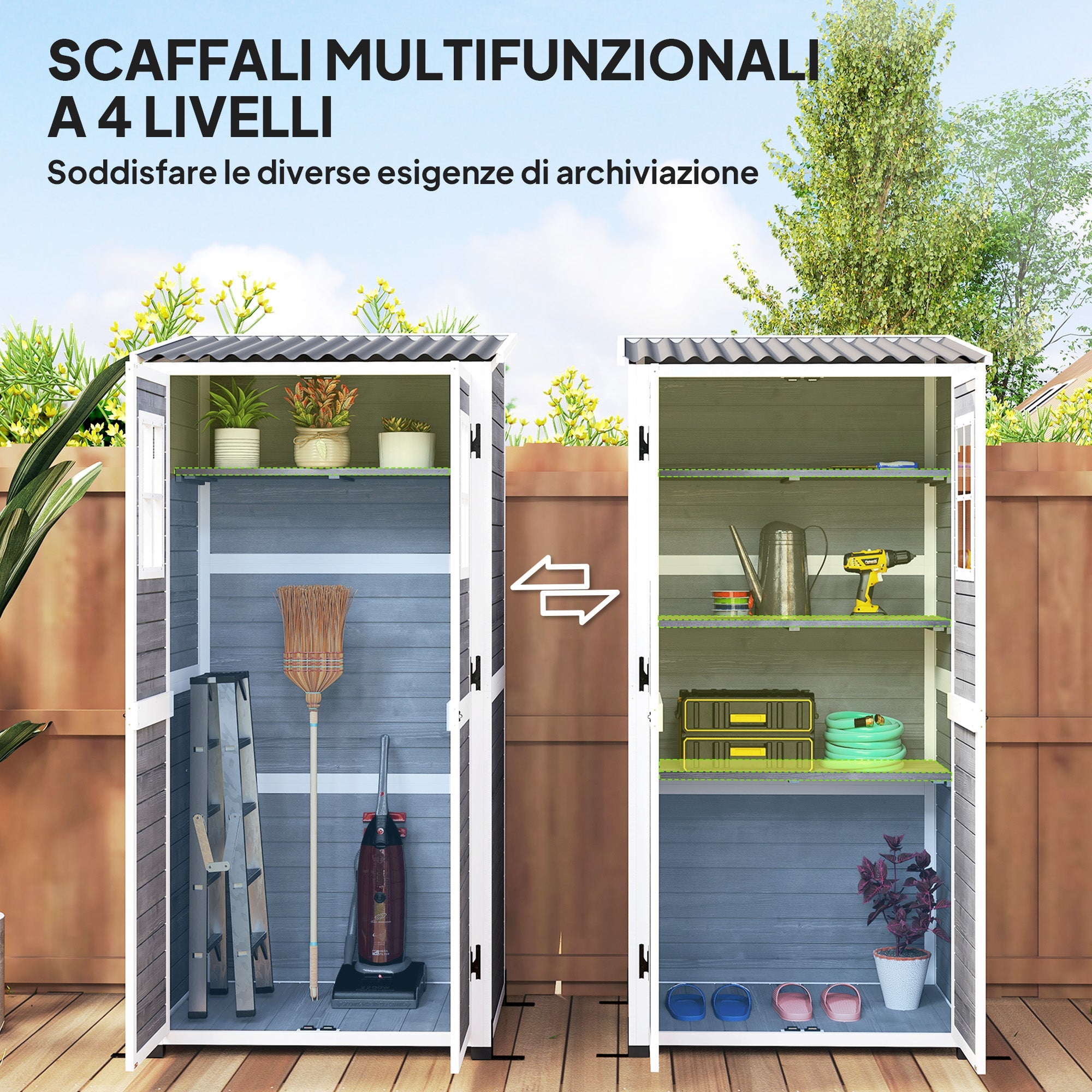 Armadio Porta Attrezzi da Esterno 91x69x185-192H cm Tetto inclinato in Plastica in Legno Grigio