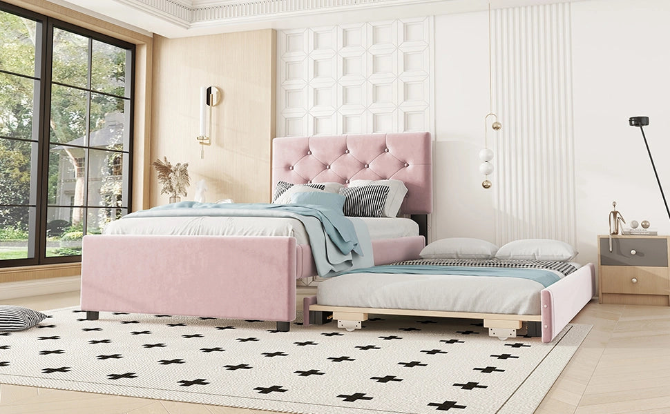 DESMIU Letto estraibile singolo con letto secondario, 90 × 200 cm e 90 × 190 cm, senza materasso, velluto rosa