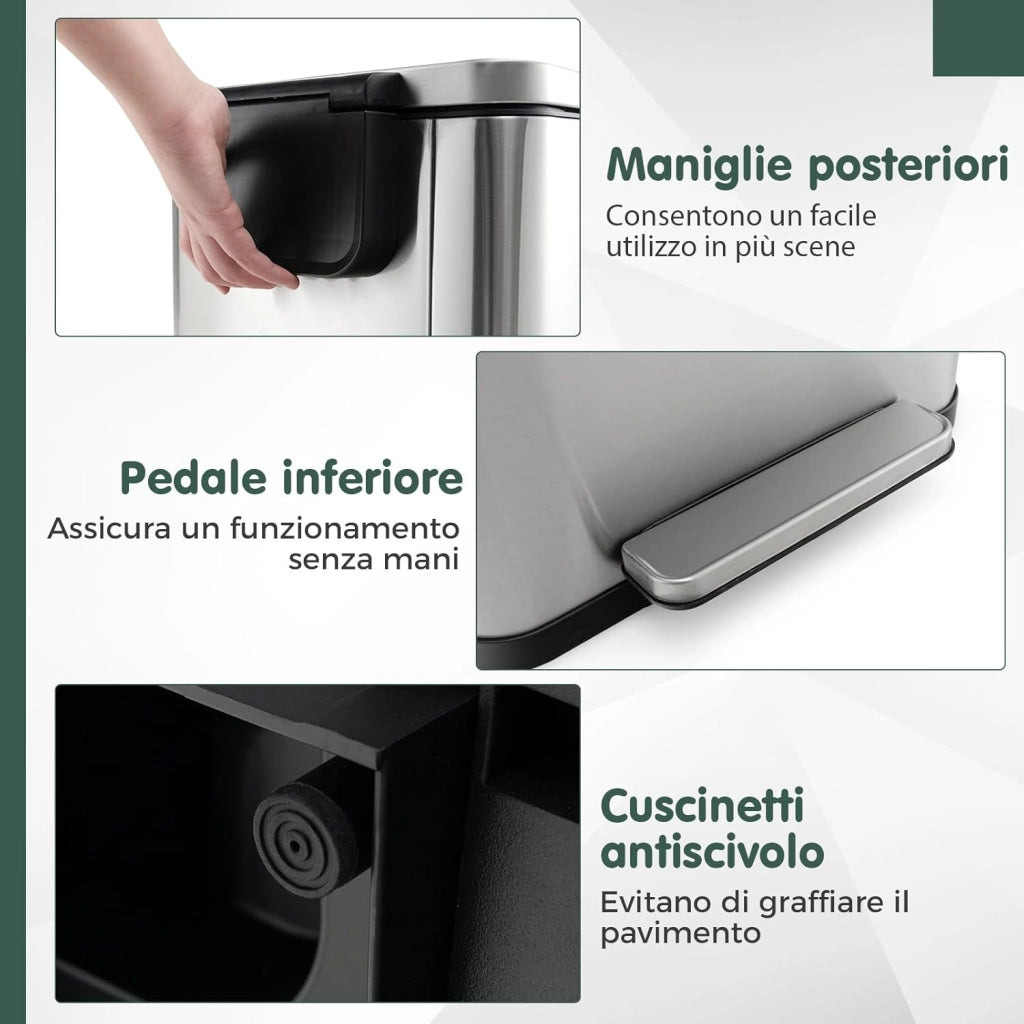 Set di 2 Cestini per Spazzatura 40/6L, Cestino per Rifiuti in Acciaio Inox con Secchi Interni Rimovibili, Coperchi Aperti e Chiusura Morbida, Bidoni per Cucina Bagno e Ufficio