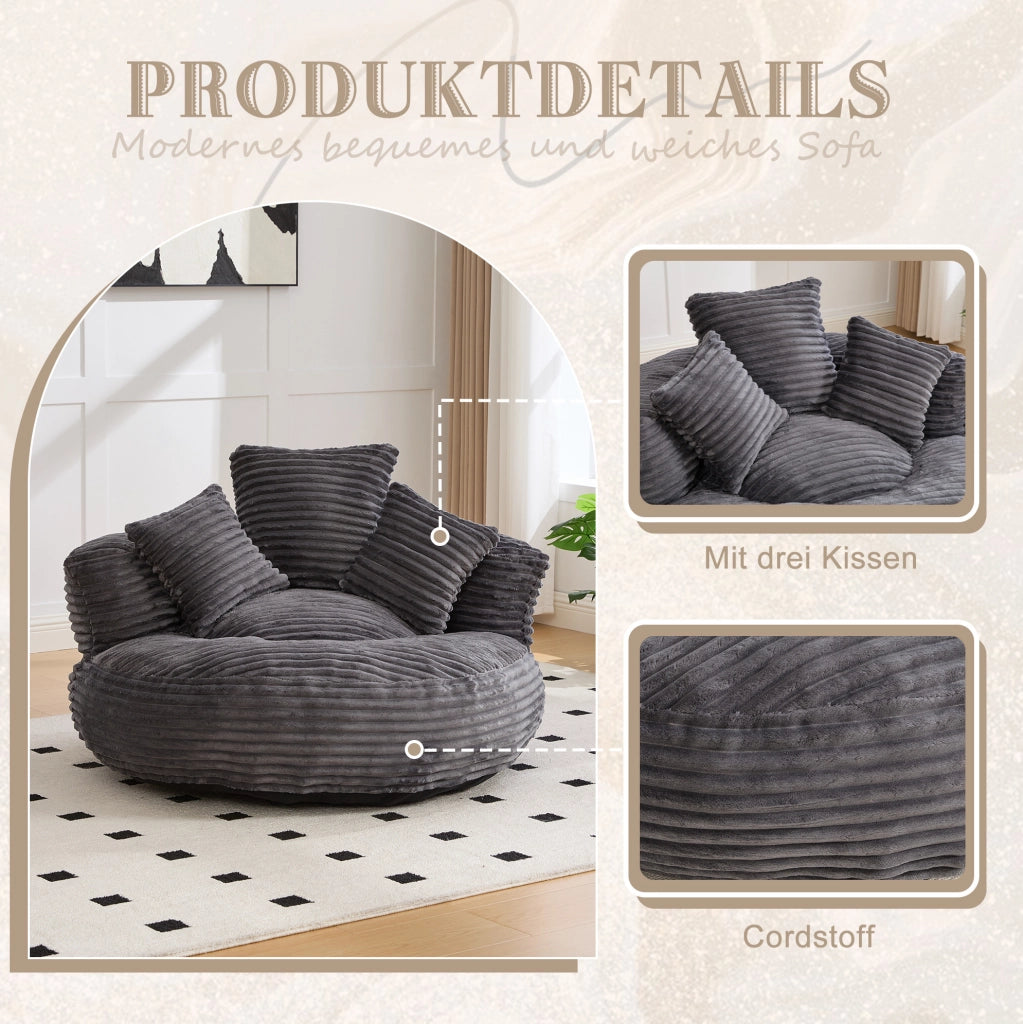 Poltrona sacco in velluto a coste con schienale alto e braccioli; 108 x 108 x 52 cm; grigio scuro