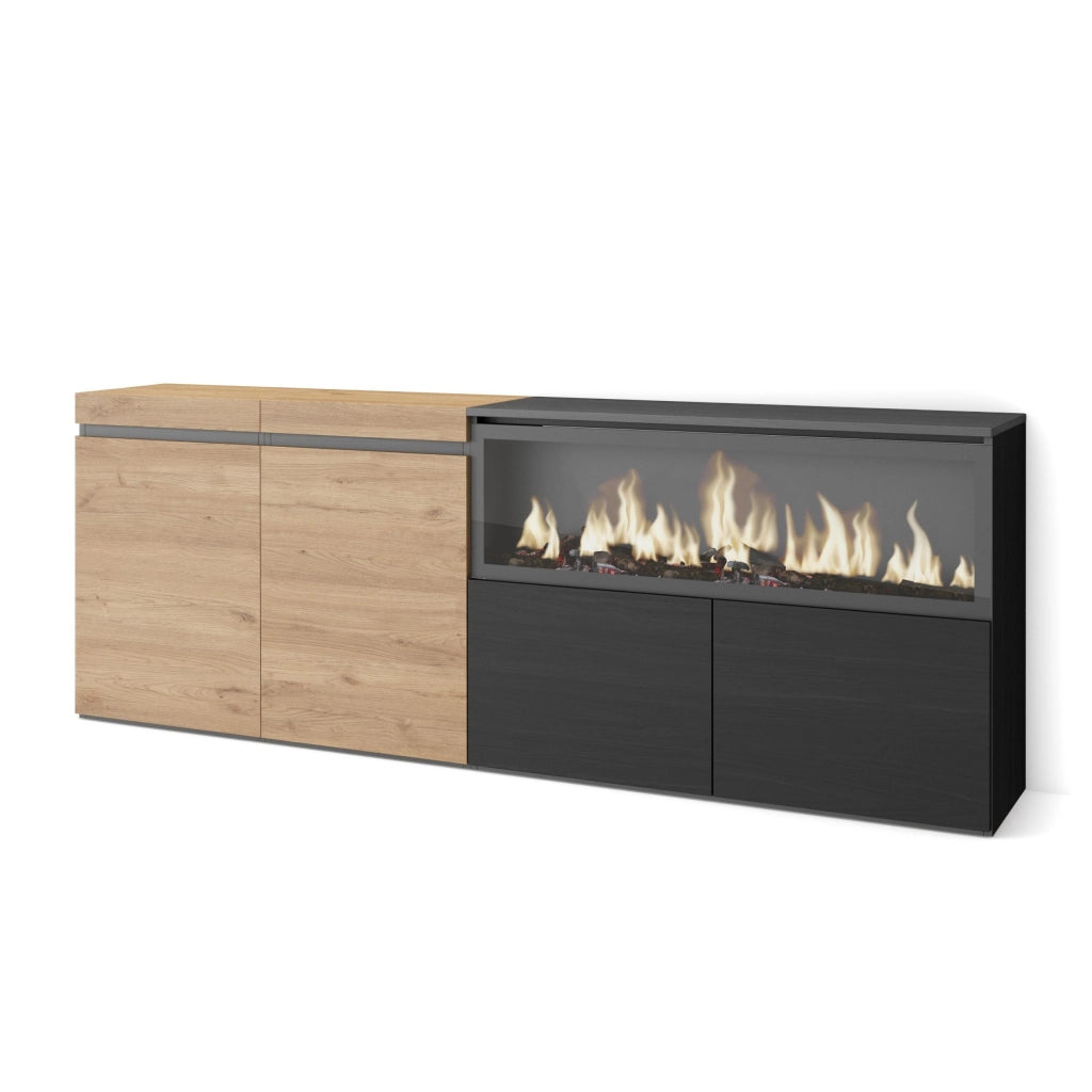 Credenza, Mobile, 208x35x75cm, 4 Porte, Camino elettrico XXL, colore Rovere e nero RF3221