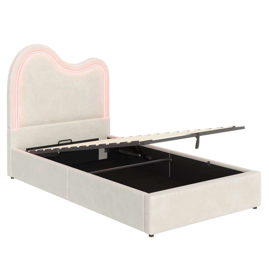Letto singolo imbottito per bambini 90x200 cm con vano contenitore; velluto beige