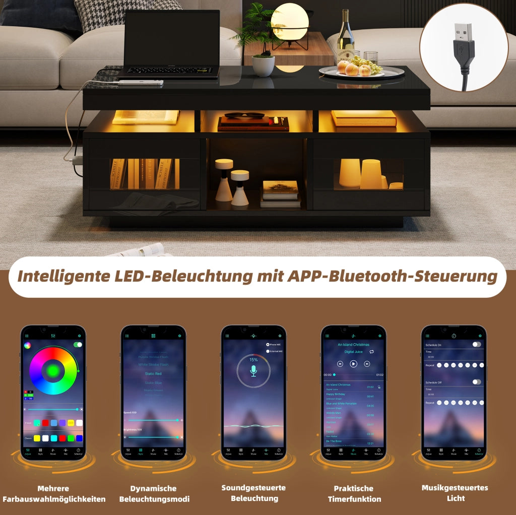 Tavolino da salotto nero lucido con LED e ricarica USB