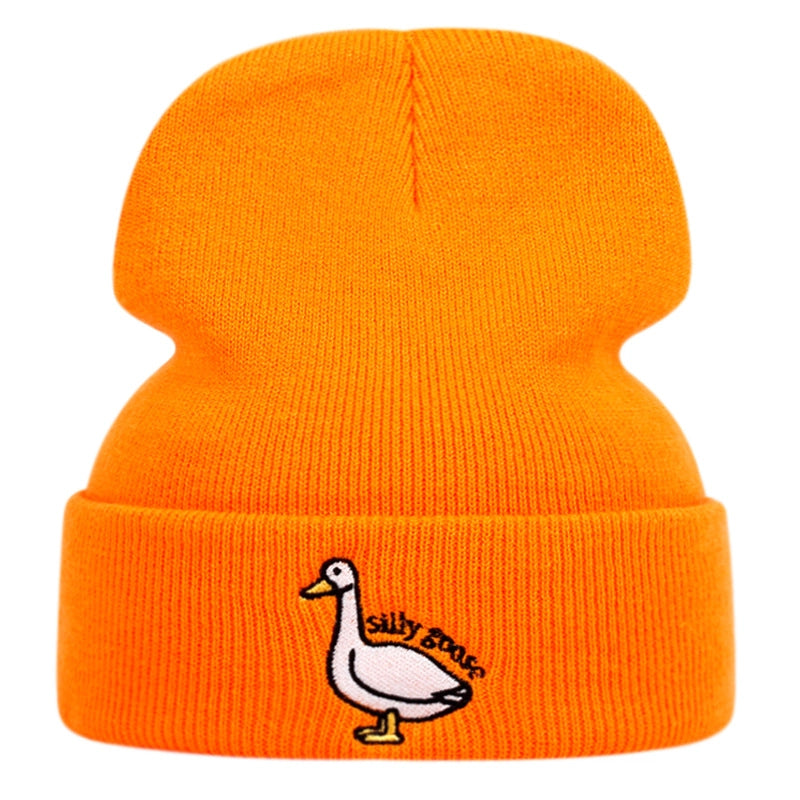 Cappelli invernali caldi lavorati a maglia con ricamo Silly Goose, colore arancione.