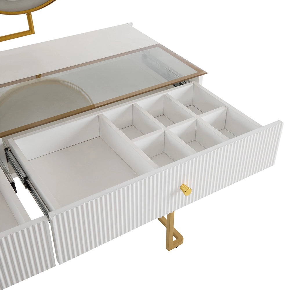 Tavolo trucco con specchio LED - Xylo - 120x45x115cm - Bianco - Vetro temperato trasparente