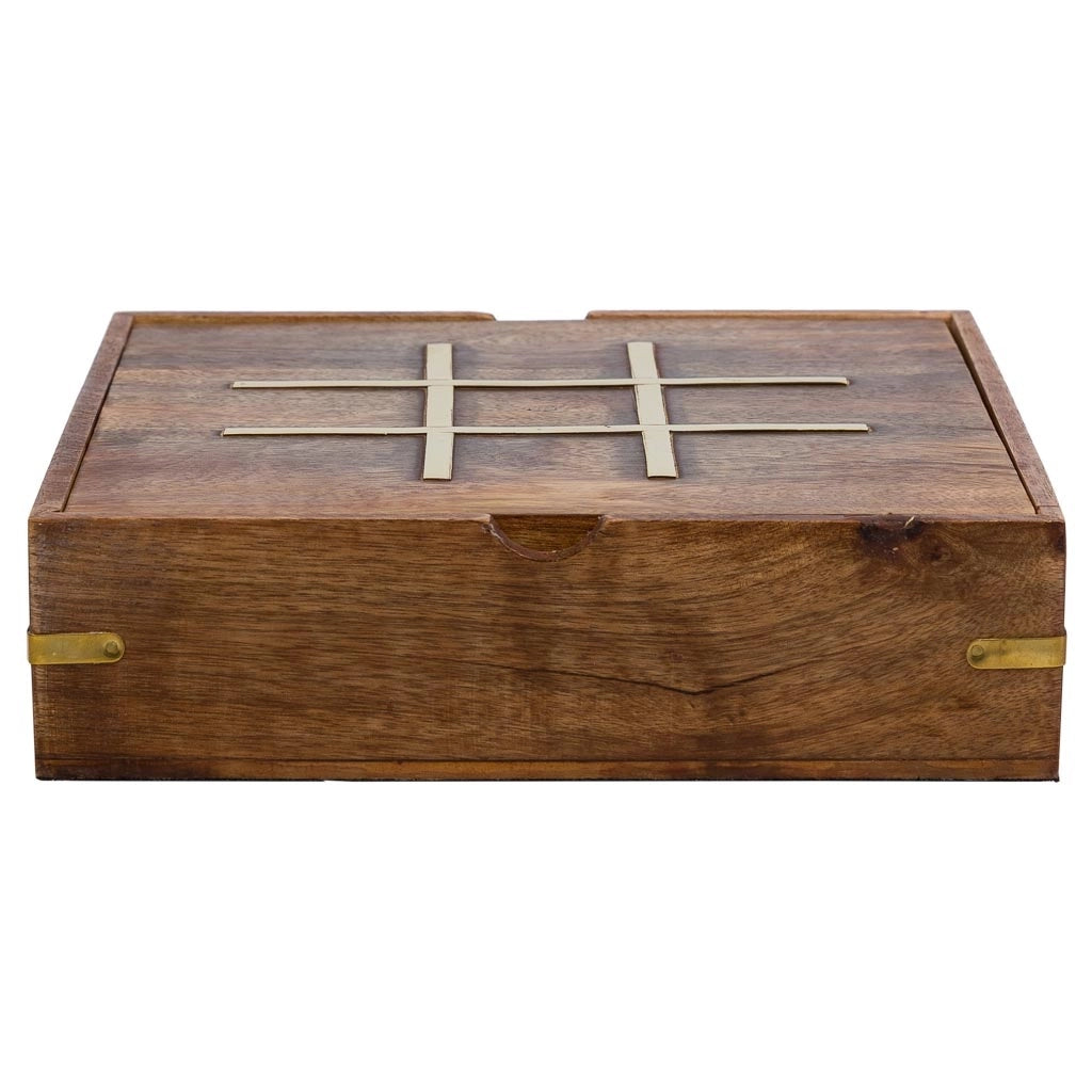 Gioco 5 in 1 (3 di fila+Domino+dadi+2 carte+solitario) in scatola legno marrone 23x23xh