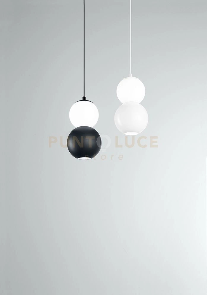 Sospensione in vetro opale Binario biemissione sfera vetro + sfera metallo LED 20W 3000K 1400Lm nero opaco cavo tessuto nero