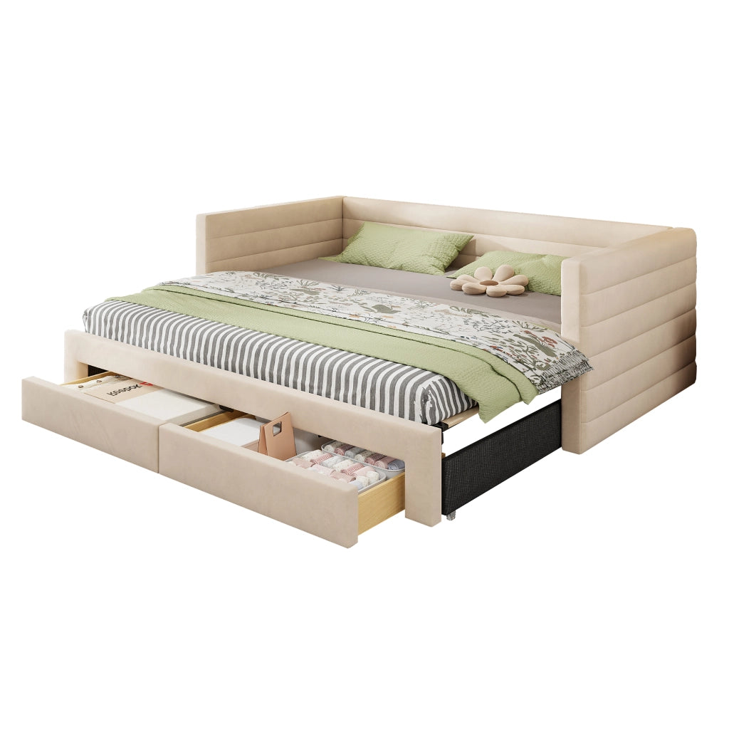 Divano letto 3-in-1 con cassetti, 90x190 cm, cotone/lino beige