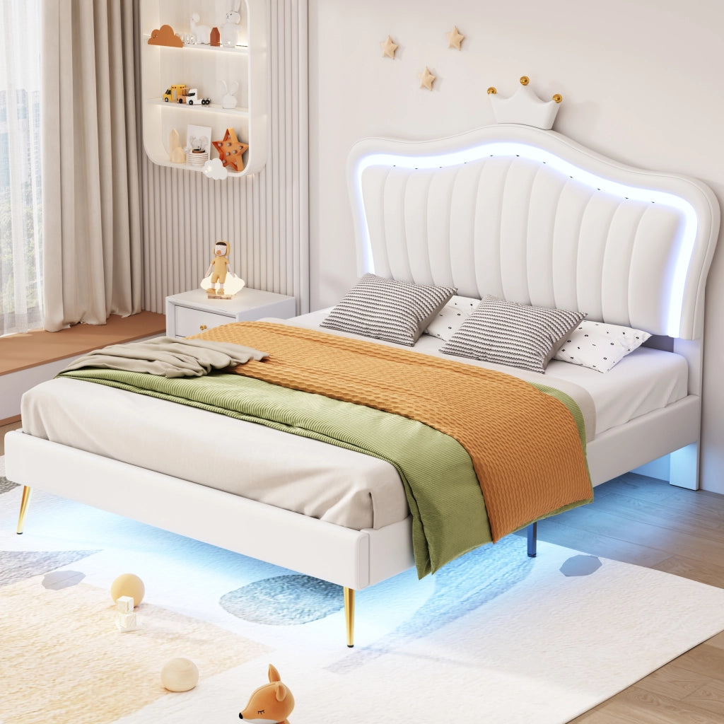 Letto a corona per bambine con LED; testiera regolabile e doghe; ecopelle bianca; 140x200 cm; senza materasso