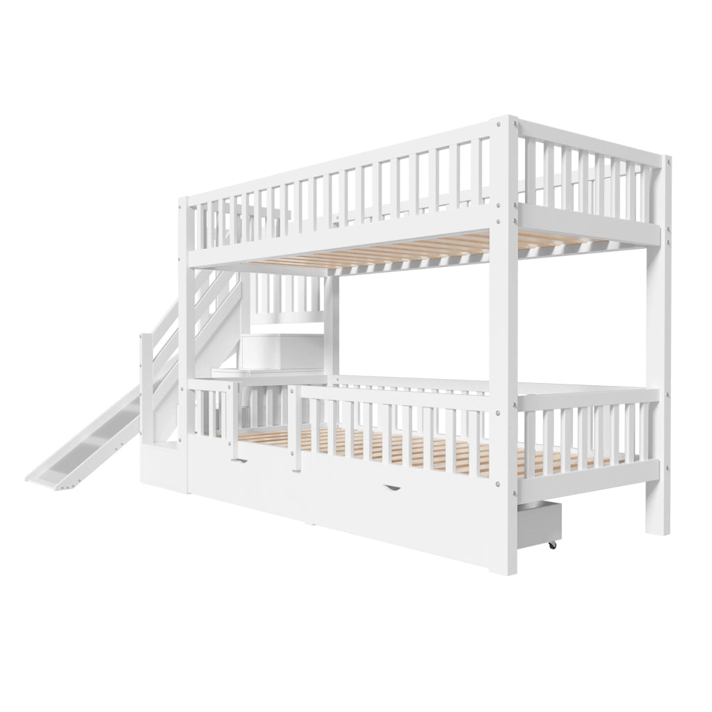 OKWISH Letto a Castello 90×200 cm, Letto Singolo con Scivolo, Scala e 2 Cassetti, senza Materasso, in Legno Massello, Bianco