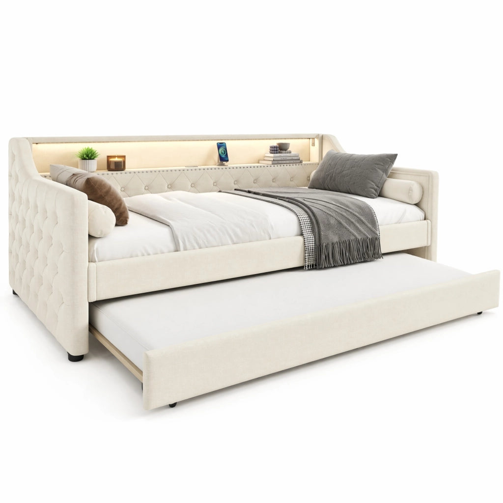 Letto da giorno 90x200 cm con letto estraibile, LED e USB in lino beige