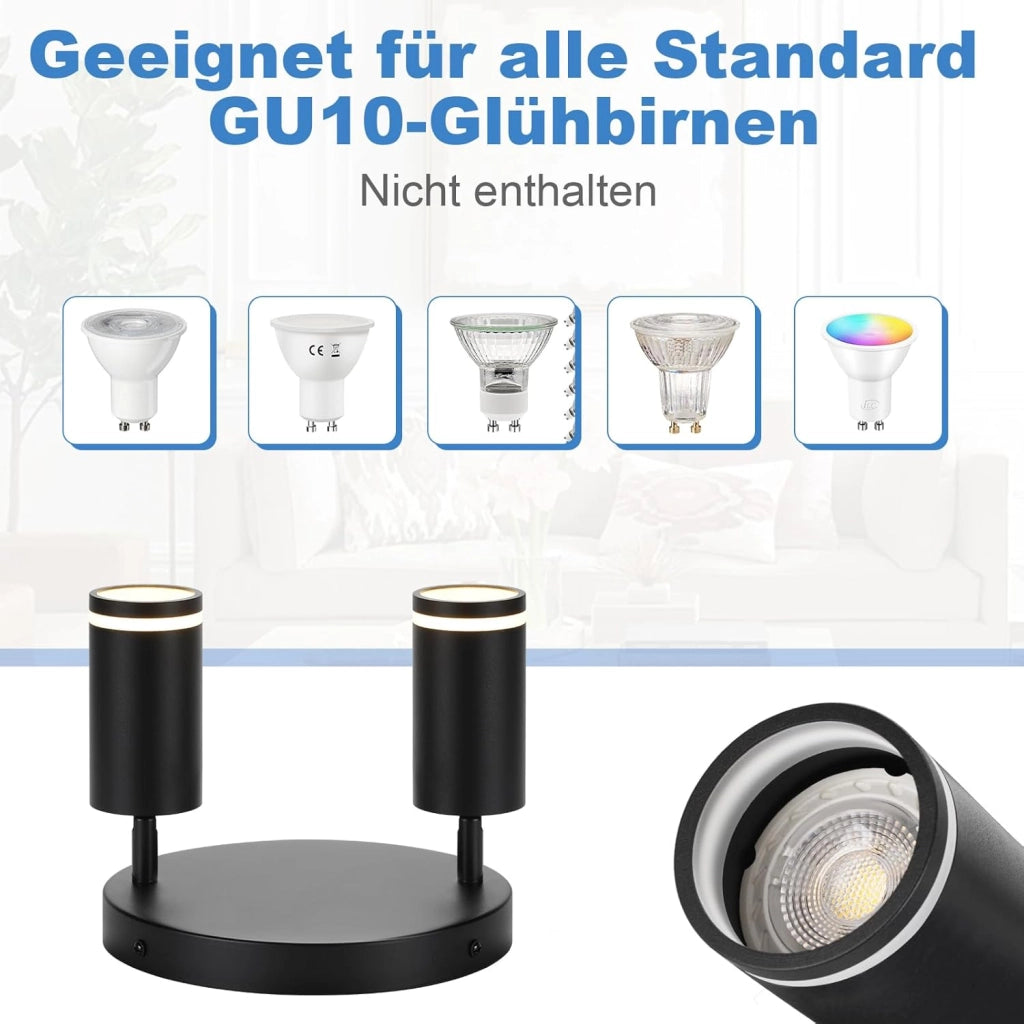 ZMH Faretto da soffitto Rotondo Nero 2 Luci GU10 Orientabile da Interno in Metallo per Corridoio Senza Lampadine
