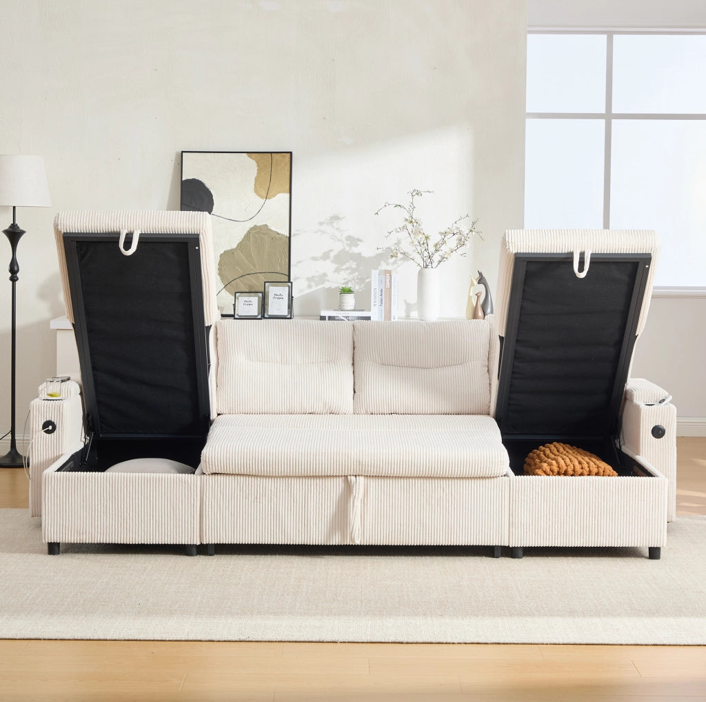 Divano 4 posti con due chaise longue; contenitore; portabicchieri e USB-C; 272x136x86 cm; beige