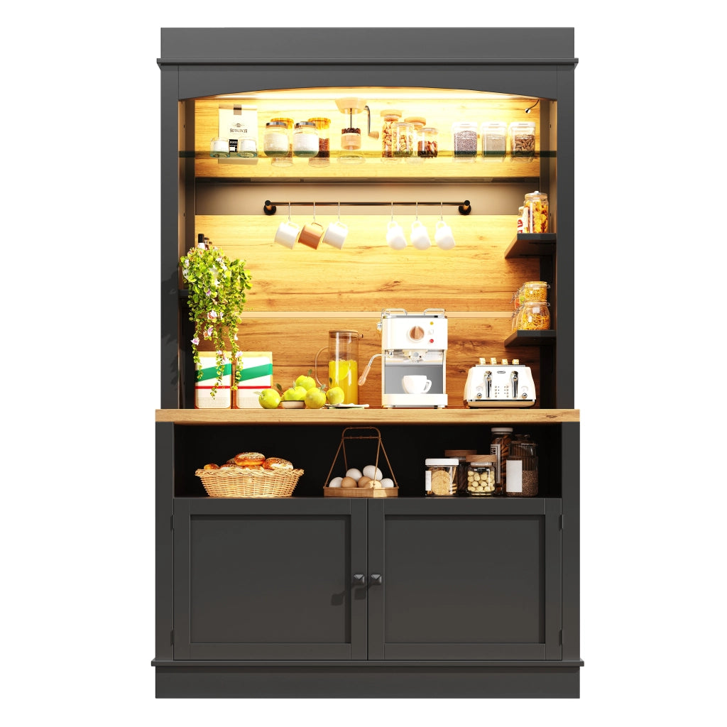 OKWISH Credenza Cucina Alta con 2 Ante, Ripiano Aperto, 6 Ganci e LED, per Cucina, Nero 107 × 43 × 184 cm