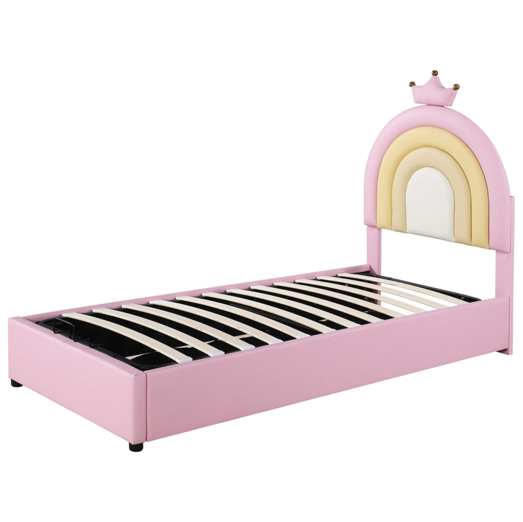 Letto imbottito singolo 90x200 cm in PU rosa; testiera regolabile e rete a doghe