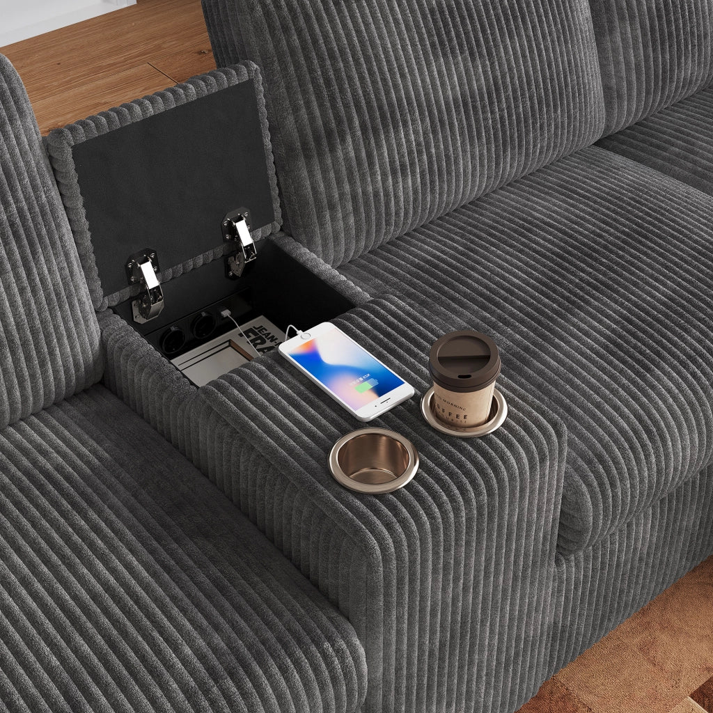 Divano panoramico a U con 2 pouf contenitore, tavolino, 1 USB, 2 Type-C e 2 prese, in velluto a coste Grigio, 315 × 135 × 81 cm