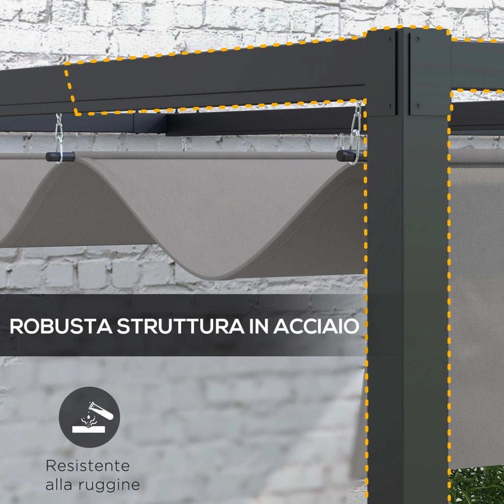 Pergola Gazebo 3x4 m ¨C Zephmum ¨C Grigio Acciaio Poliestere Tettuccio Retrattile