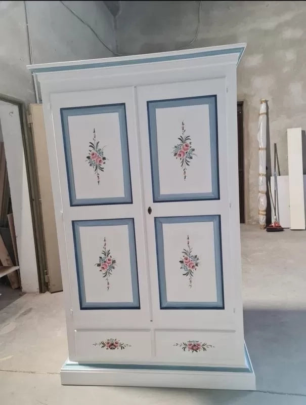 Armadio 2 porte 2 cassetti bianco filo azzurro decori 125x60x200 - Mobili 2G