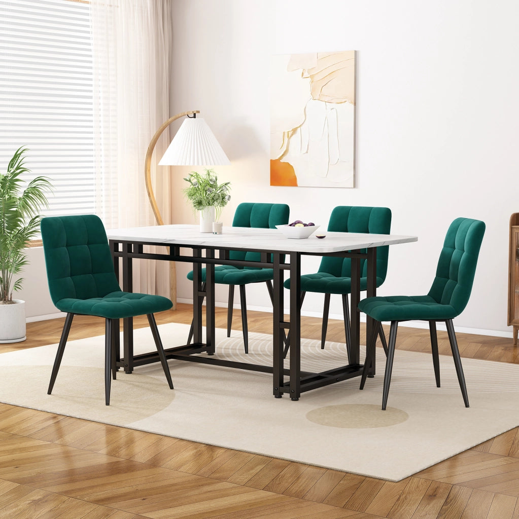 Set da pranzo 120 cm; tavolo e 4 sedie; piano in MDF; velluto verde scuro