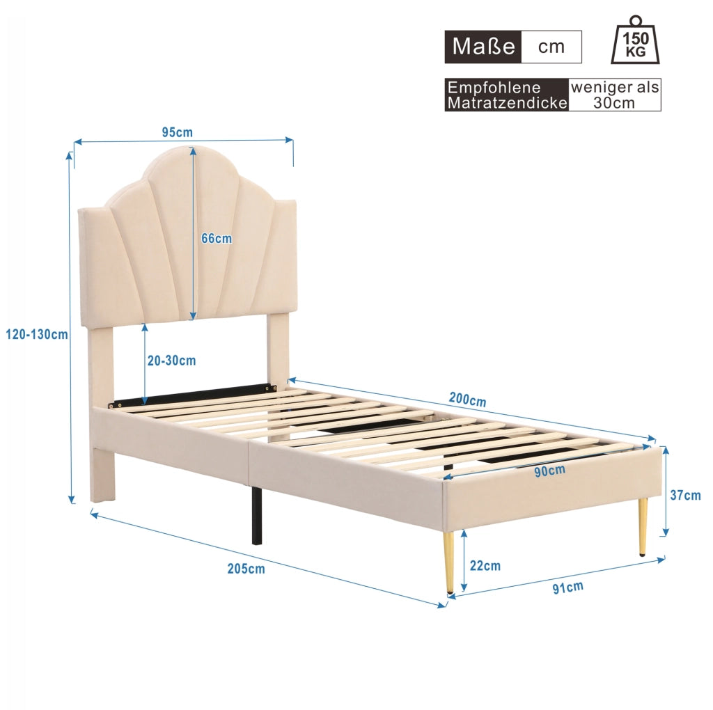 Letto imbottito 90x200 cm; testiera regolabile; velluto beige (Senza materasso)